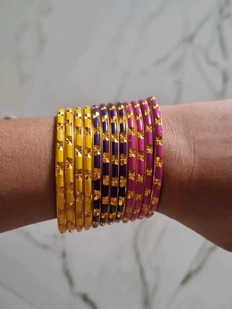 Yellow Blue Pink Glass Bangles