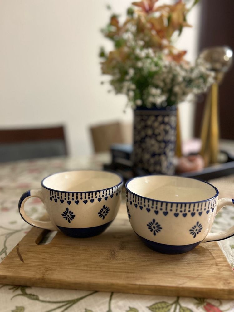 Blue Patterned Coffee Mugs - Set of 2