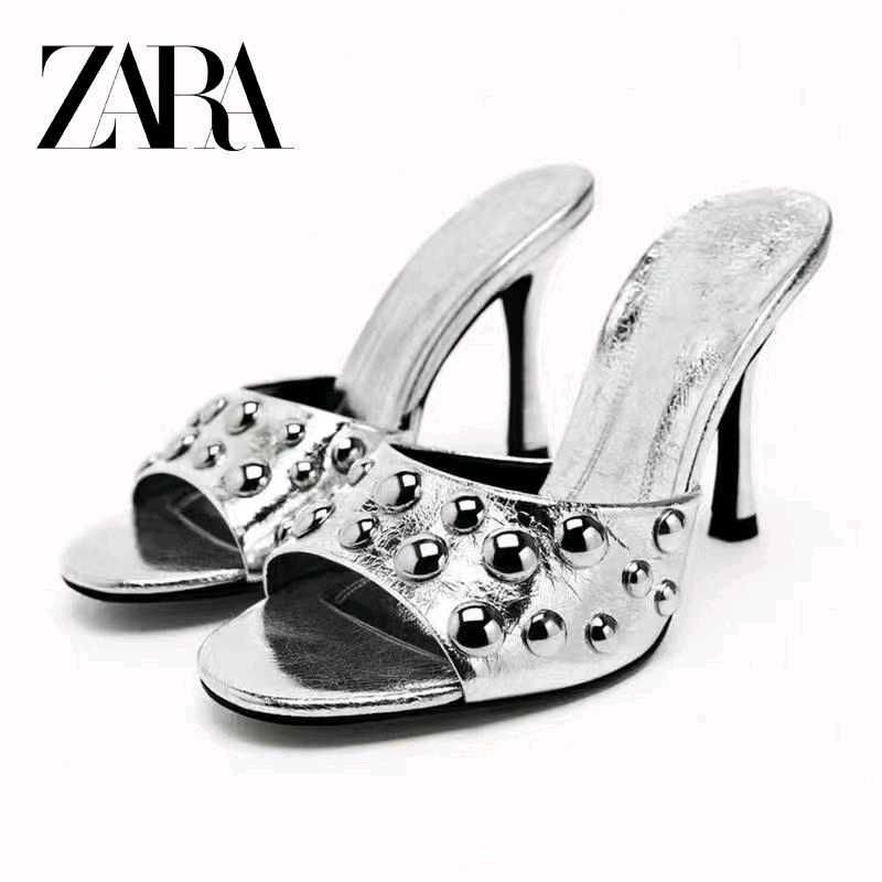 Y2k Zara Metallic Silver Studded Heels