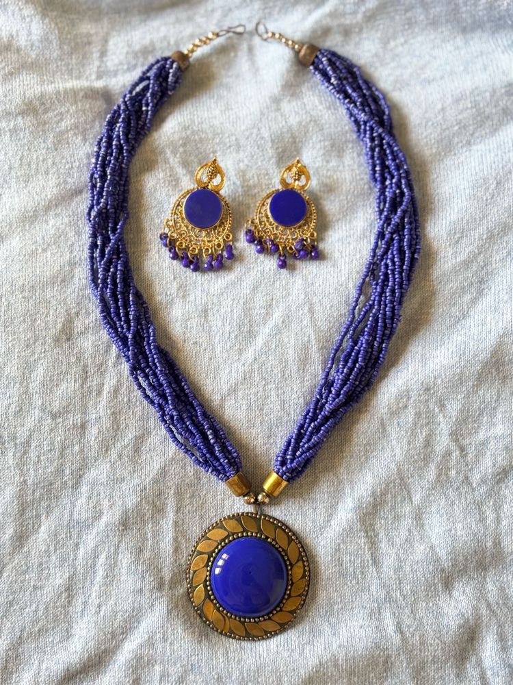 Blue Beaded Necklace &amp; Earring Set