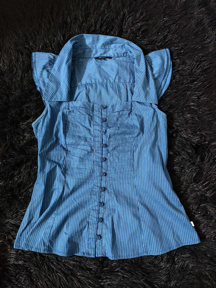 Blue Square Neck Office Siren Fitted Shirt