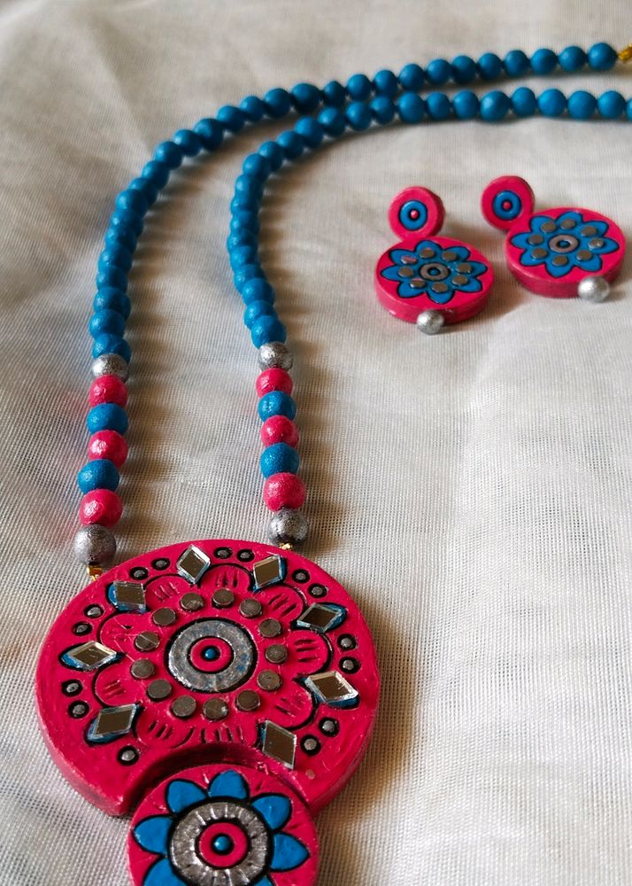 Mirror Work Pink With Blue Terracotta Jewellery