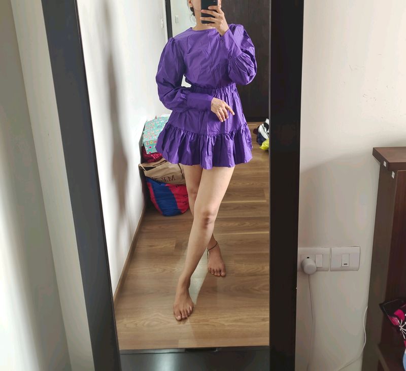 New Short Flared Puff Sleeved Purple Dress