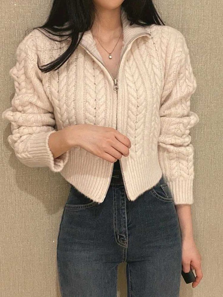 Cream Cable Knit Zip-Up Sweater