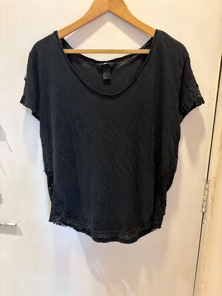 H&amp;M Black Lace Trim Top