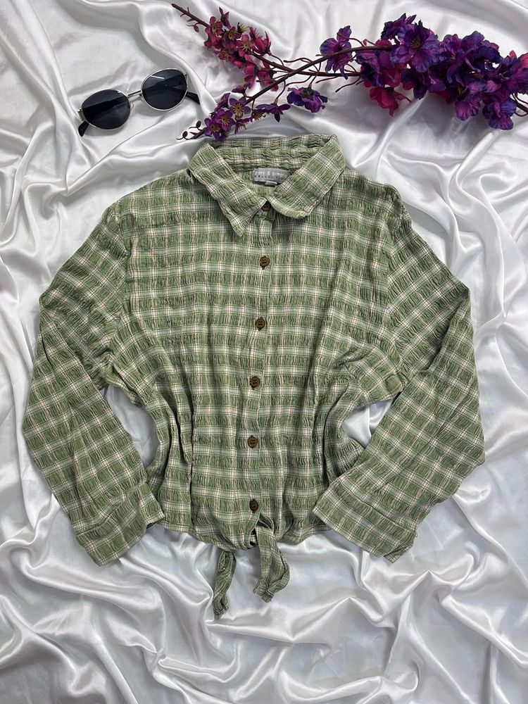 Green Plaid Tie-Front Top