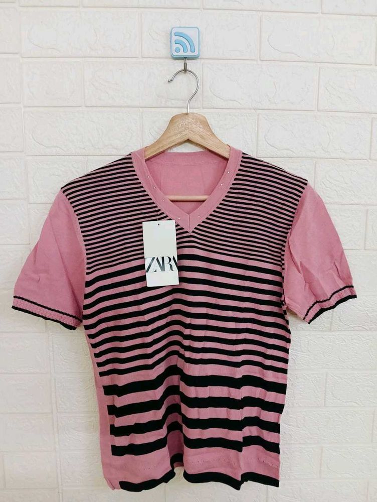 Pink Striped V-Neck Top