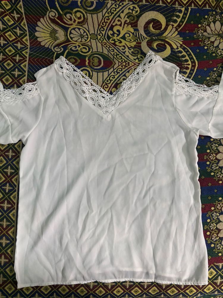 White Lace Trim Cold Shoulder Top