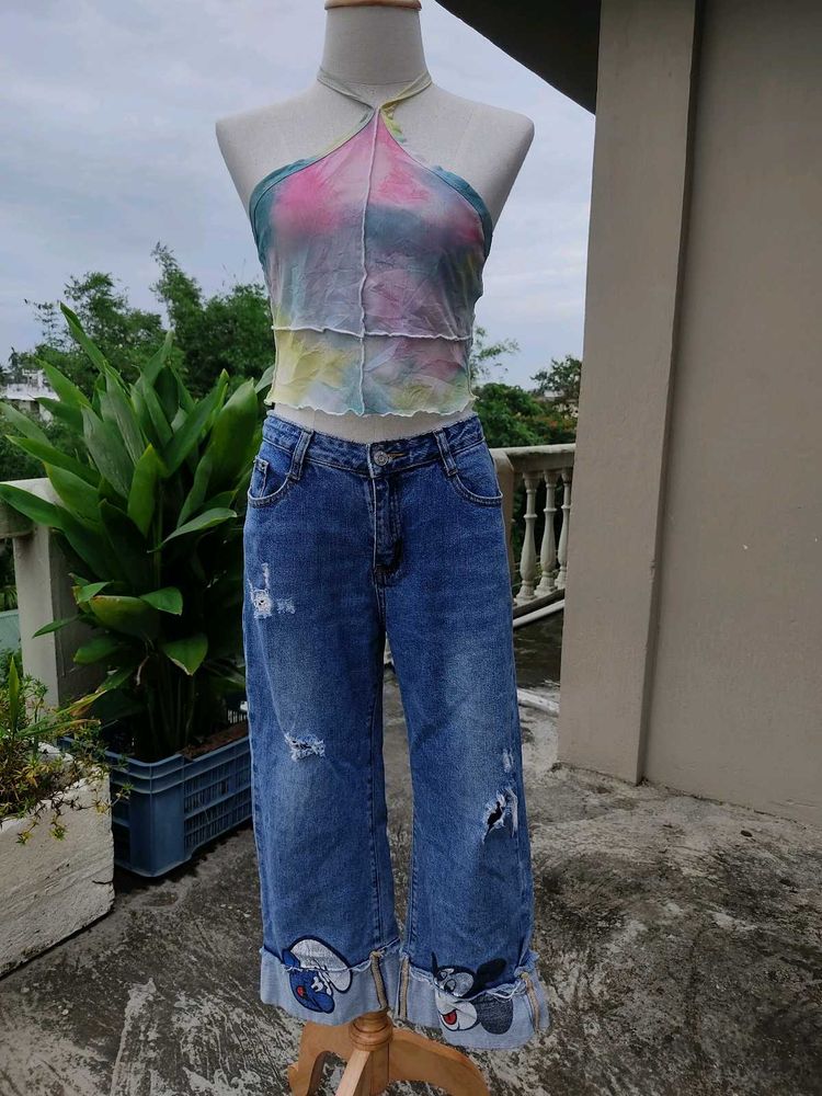 Tie Dye Halter Top &amp; Cartoon Jeans