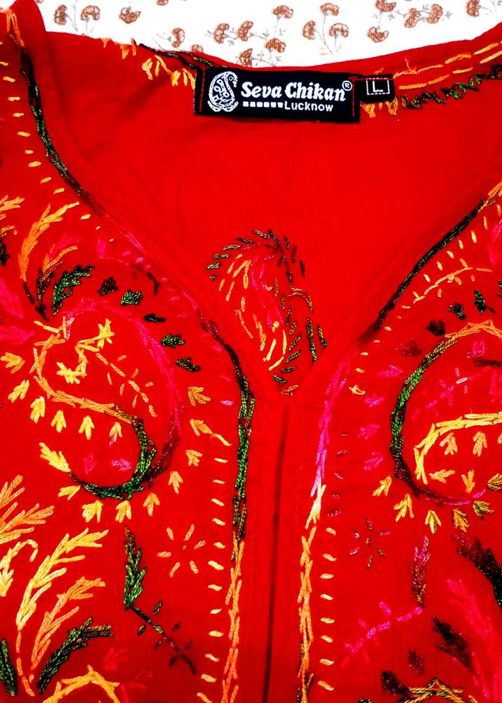 Handwork Chikenkari Red Embroidered Kurta