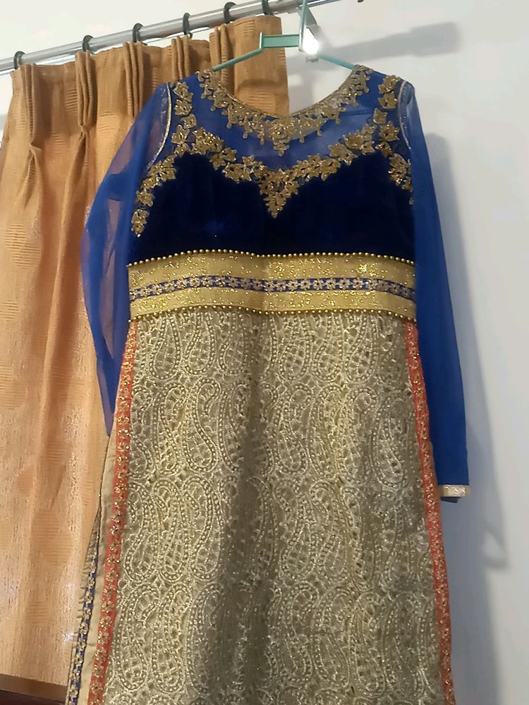Velvet Karachi Gown ..heavy Work On Neck Double Layered Top Pant N Dupatta