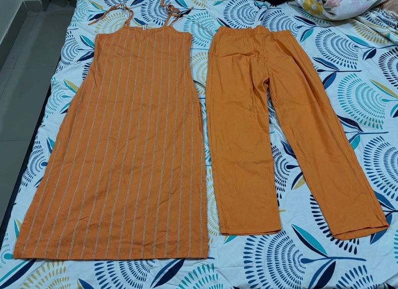 Orange Cotton Blend kurta Set