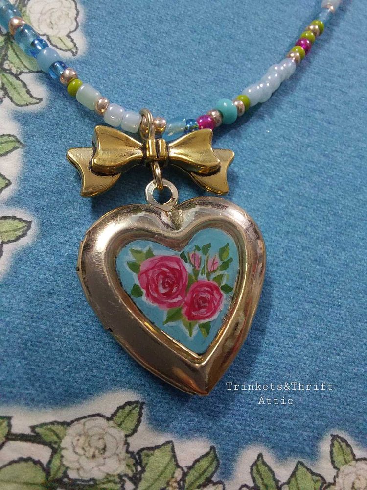 Hand painted Heart Locket Beaded Necklace