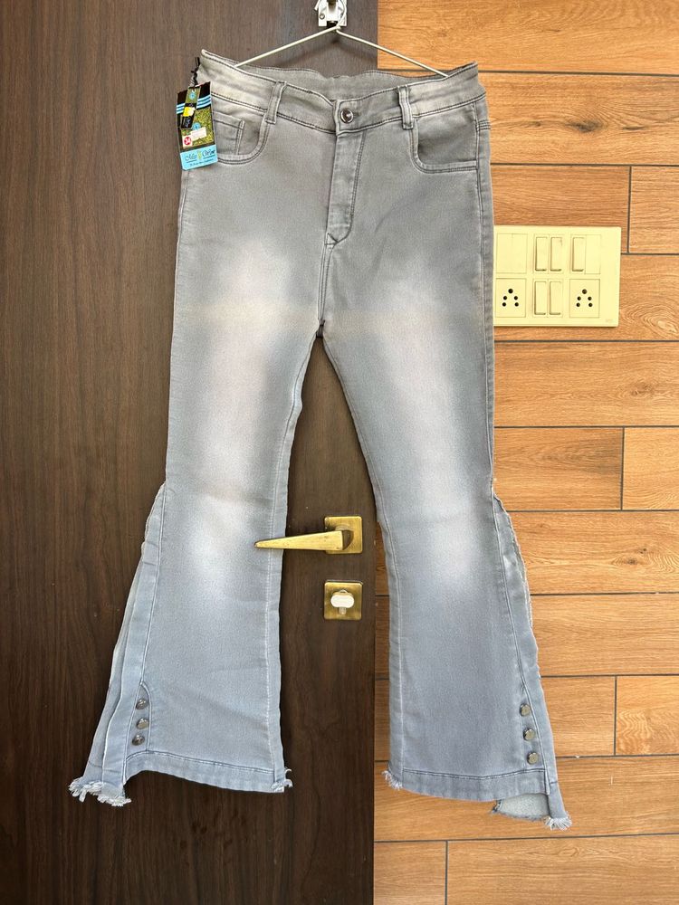 Gray Flare Jeans with Button Detail