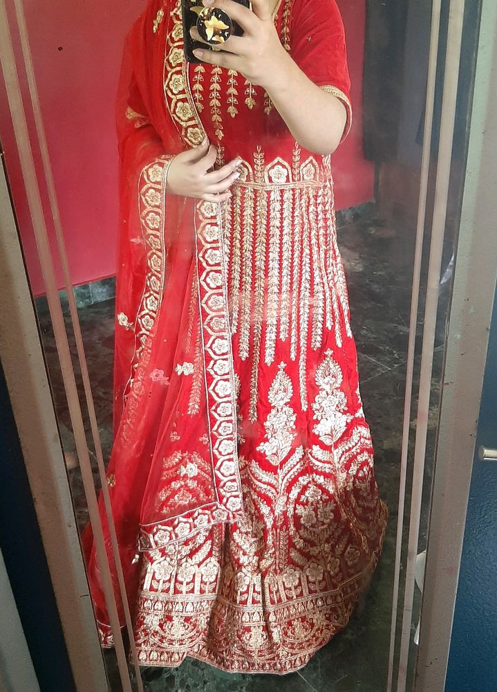 Bridal Red Velvet Zardozi Worked Gown