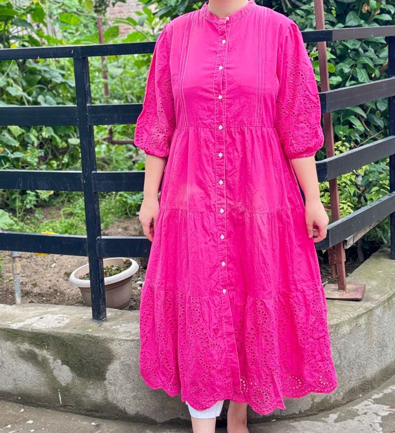 Pink Eyelet Tiered Midi Dress