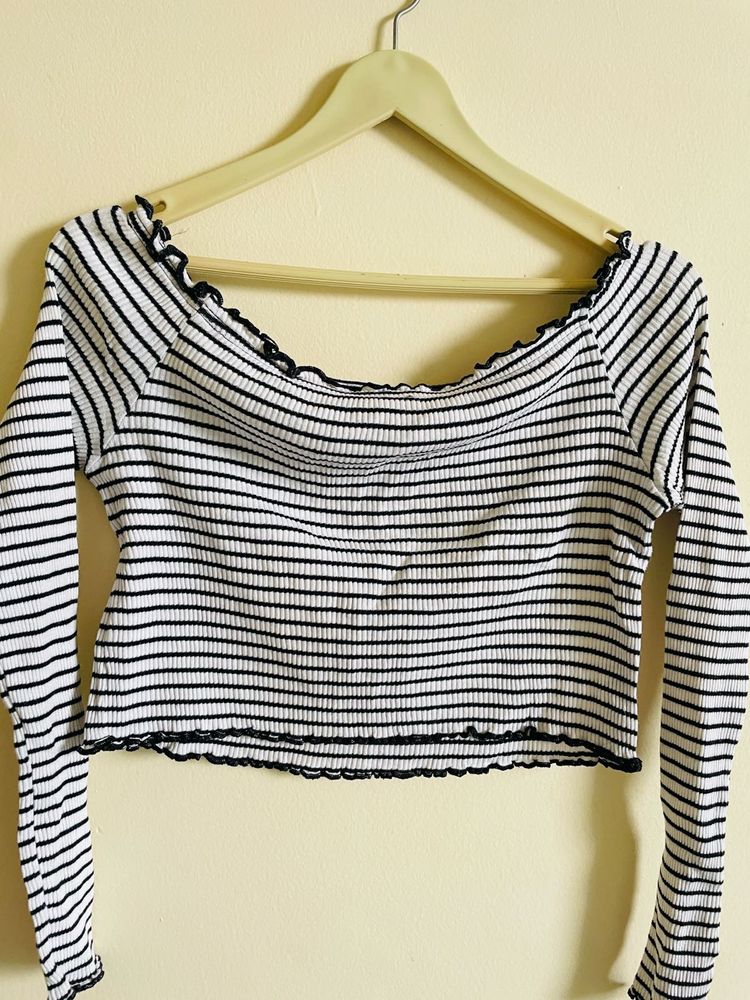Striped Off-Shoulder Long Sleeve Top