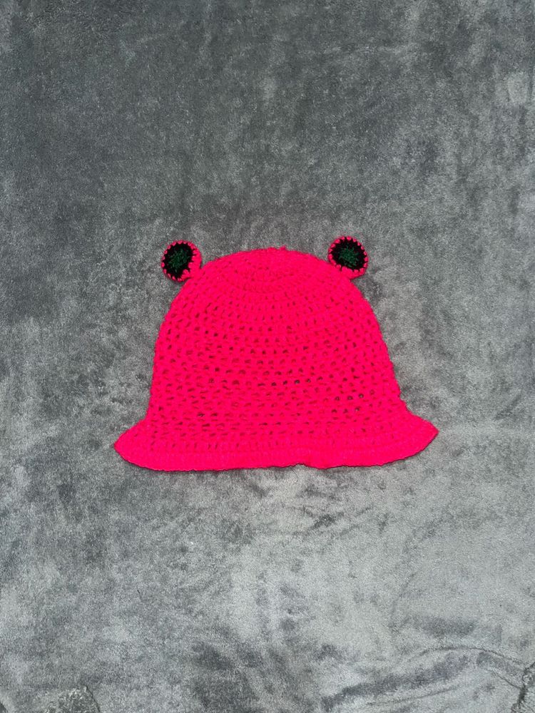 Pink Crochet Froggy Bucket Hat