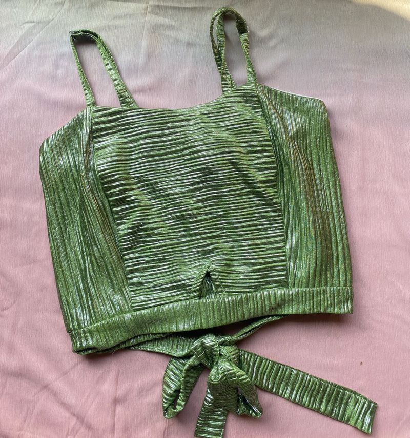 Green Crinkle Tie Crop Top