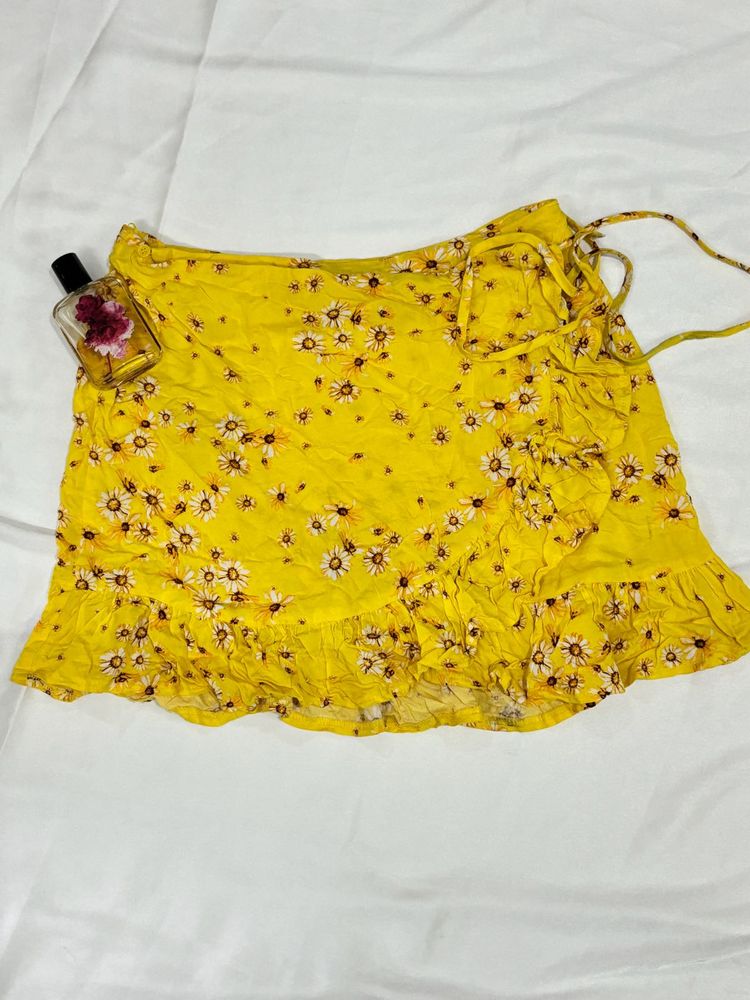 Yellow Floral Print Wrap Skirt
