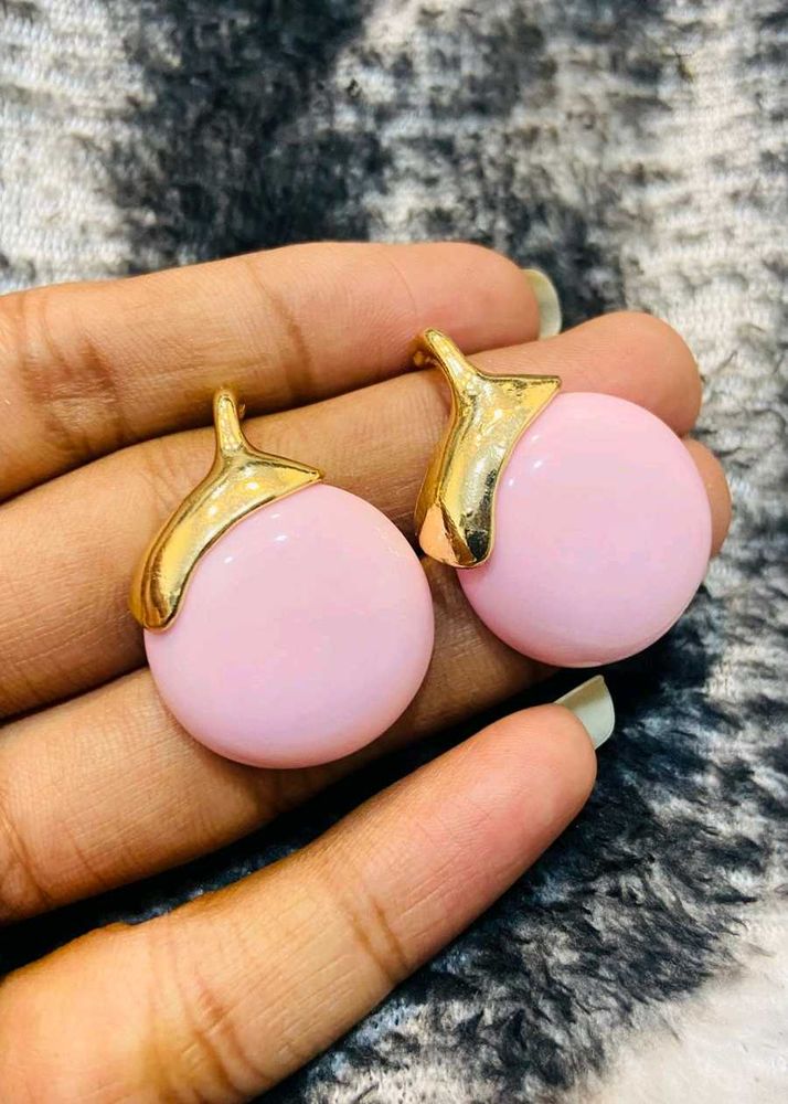 Pink &amp; Gold Round Stud Earrings
