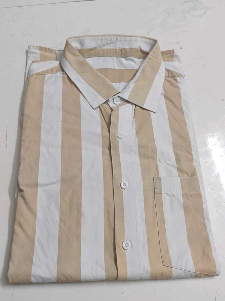 Striped Beige &amp; White Button-Down Shirt