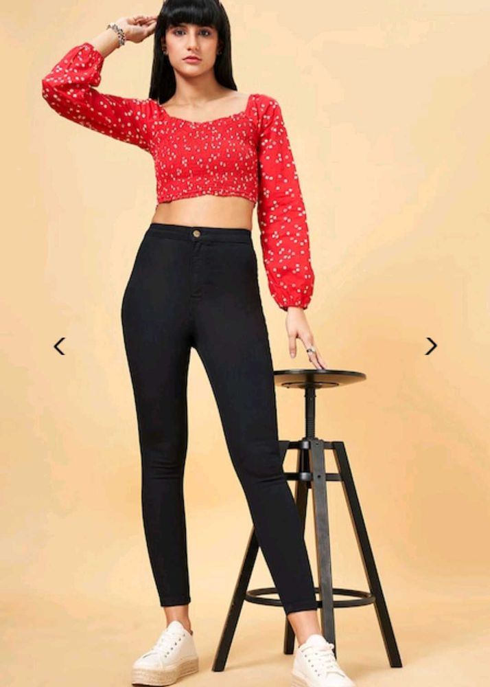 Red Crop Top &amp; Black Jeans Set