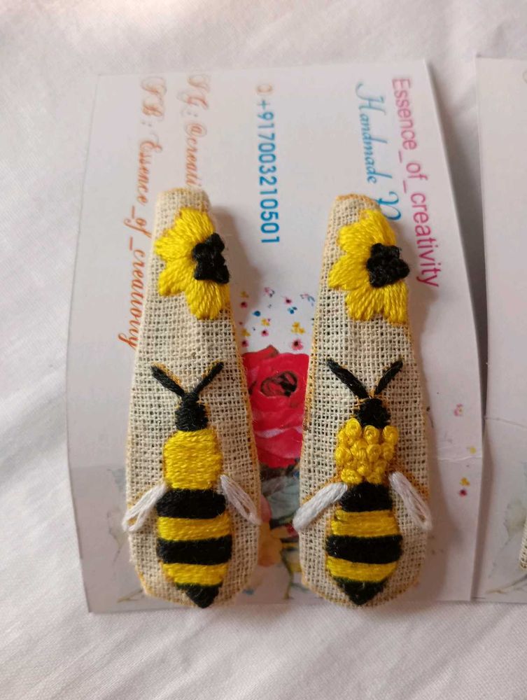 Flower &amp; Bee Embroidered Hair Clip