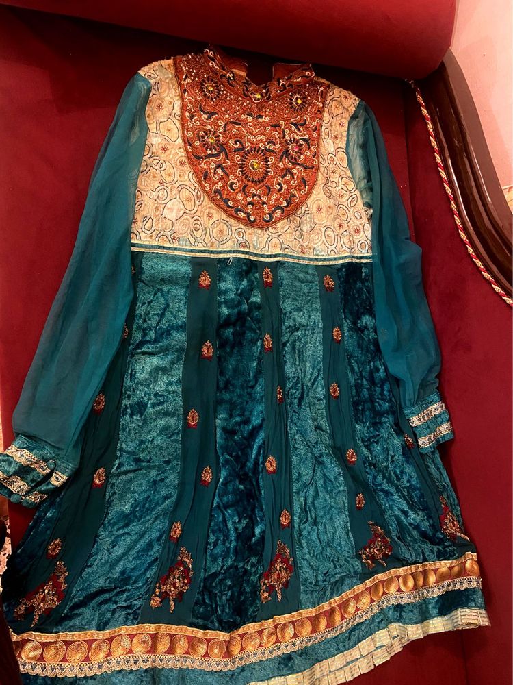 Zardozi Embroidered Teal Velvet Anarkali