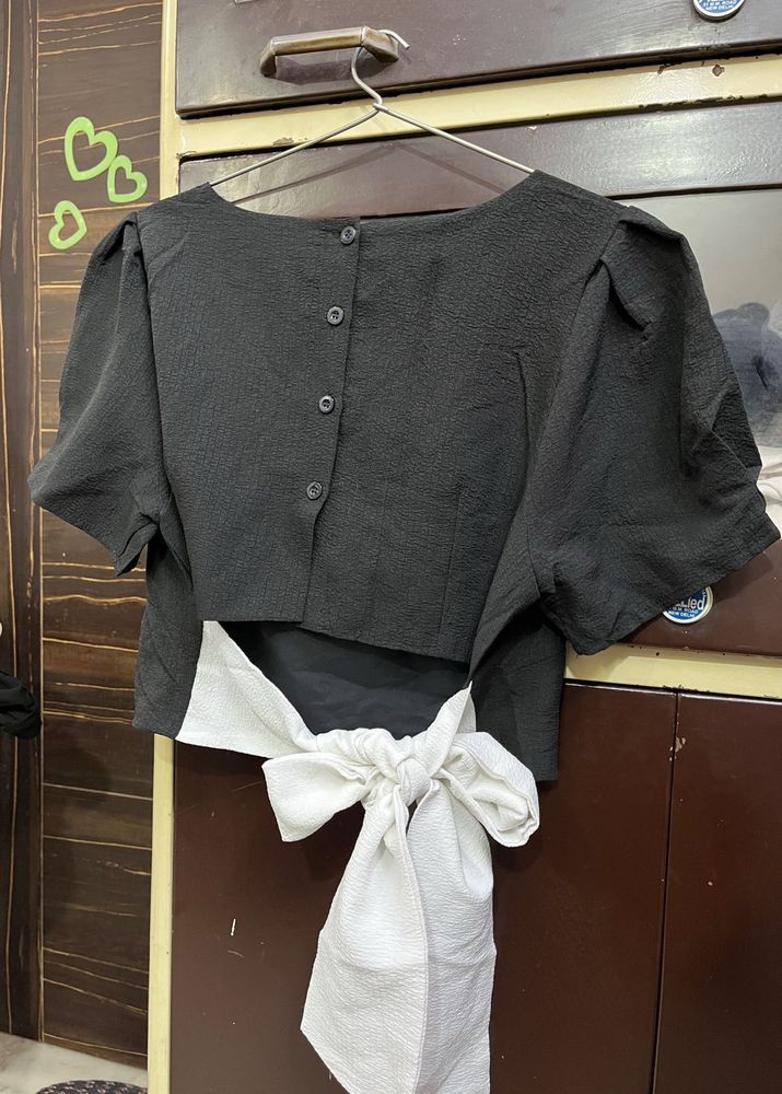 Black Square Neck Puff Sleeve With Top Back Knot