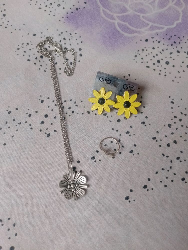 Sunflower Earrings With Pendent And A Finger Ring