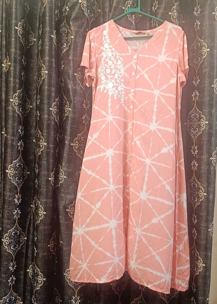 Peach Tie-Dye Casual Dress