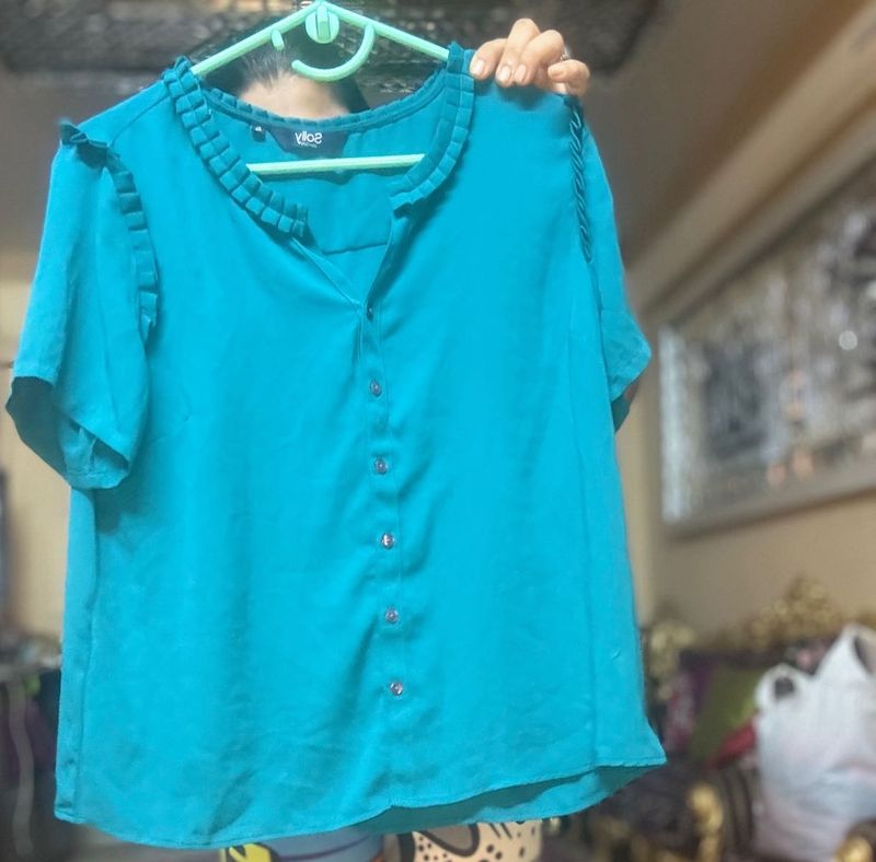 Allen Solly Cyan Blue Ruffled Flowy Fabric Top