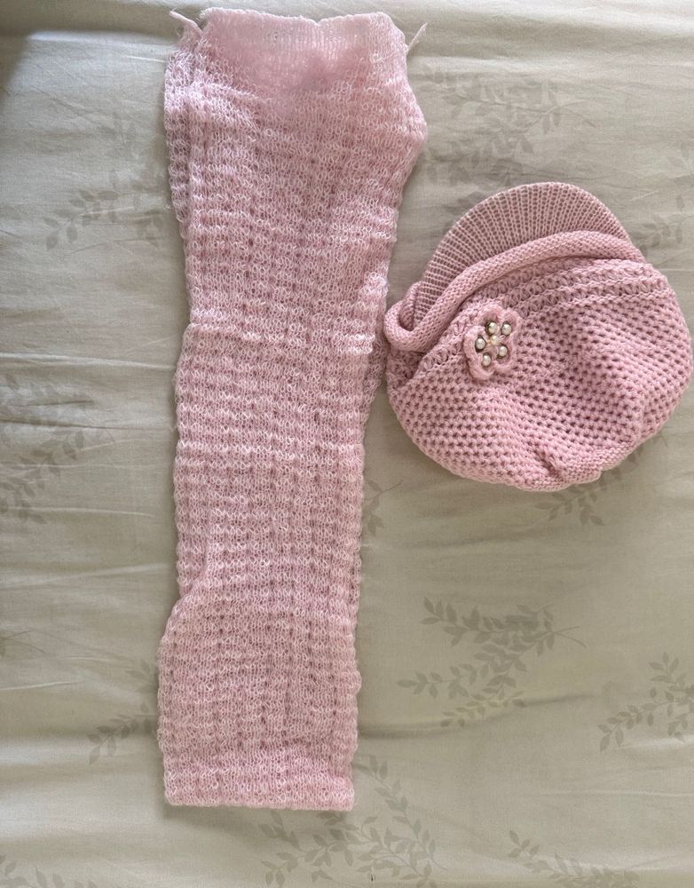 Baby Pink Knitted Hat &amp; stole