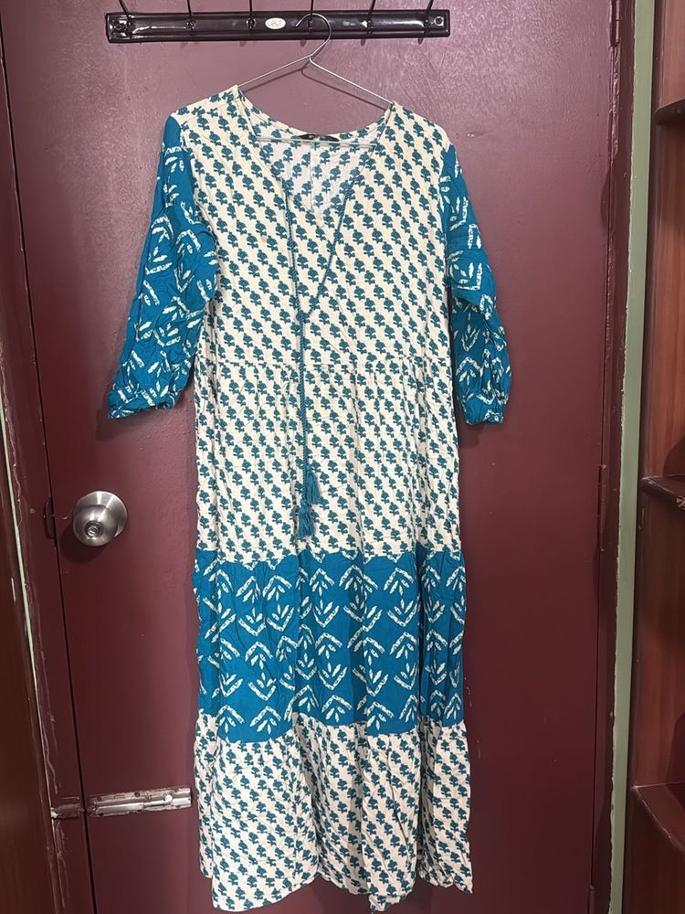 Boho Teal &amp; White Print Dress