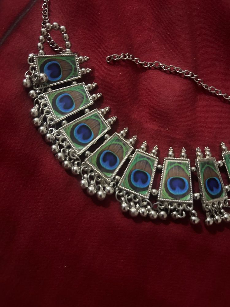 Peacock Feather Silver Necklace