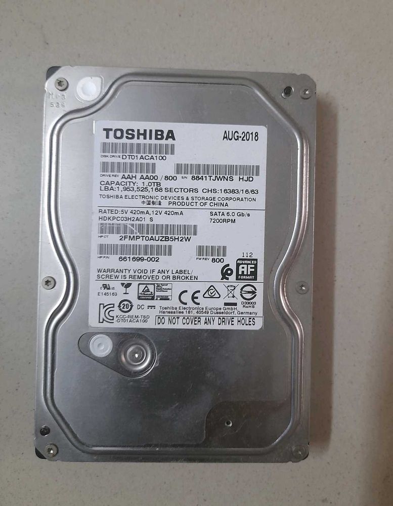 Toshiba 1TB HDD (SATA, 7200 RPM) For Repair/parts