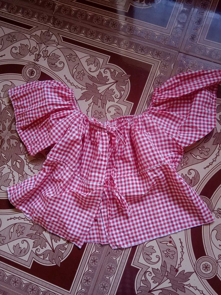 Red &amp; White Gingham Off-Shoulder Top