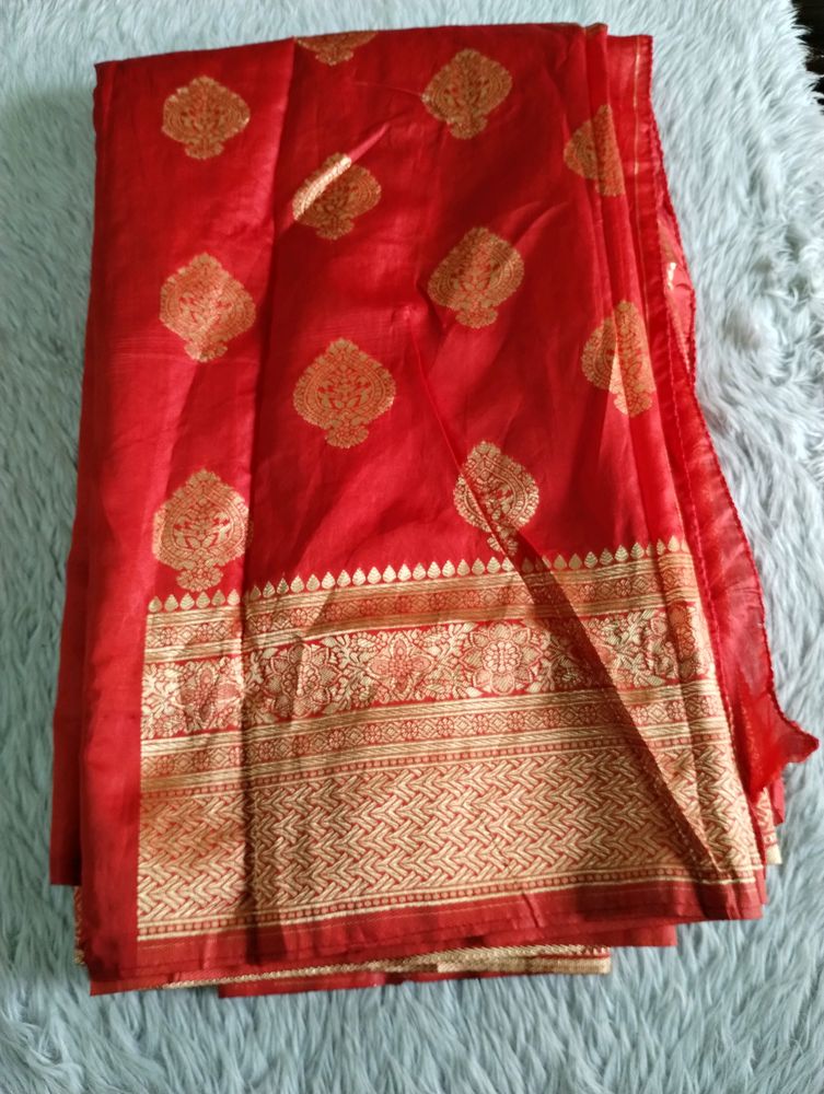 Red With Gold Zari Printed Saree (Women)