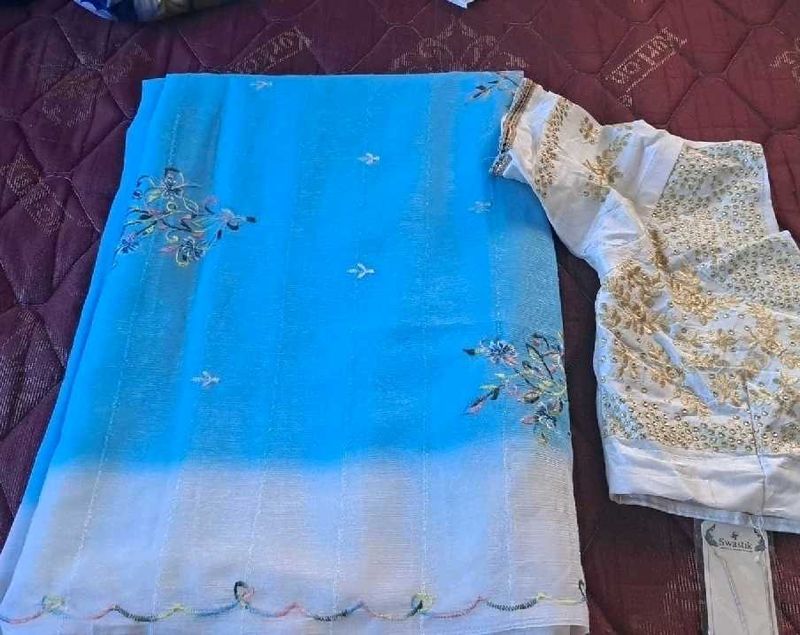 Blue Embridary Saree With Blouse