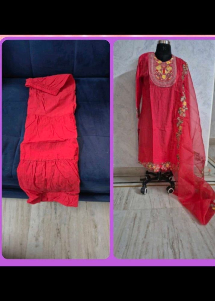 Red Embroidered Kurta Set