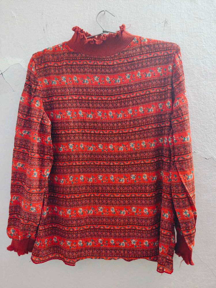 🔥 Vibrant Red Printed High-Neck Top 🔥
