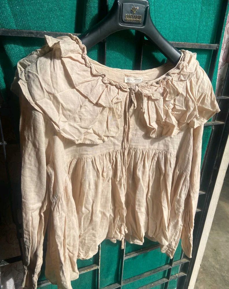 Beige Linen Ruffle Blouse