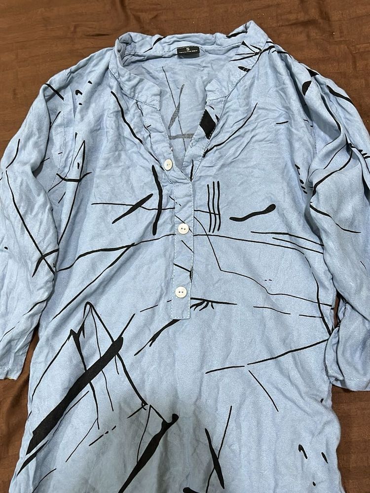 Light Blue Abstract Printed Kurta Top- Full Sleeve