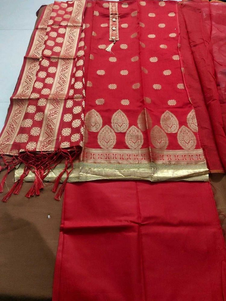 Red Banarasi dress material