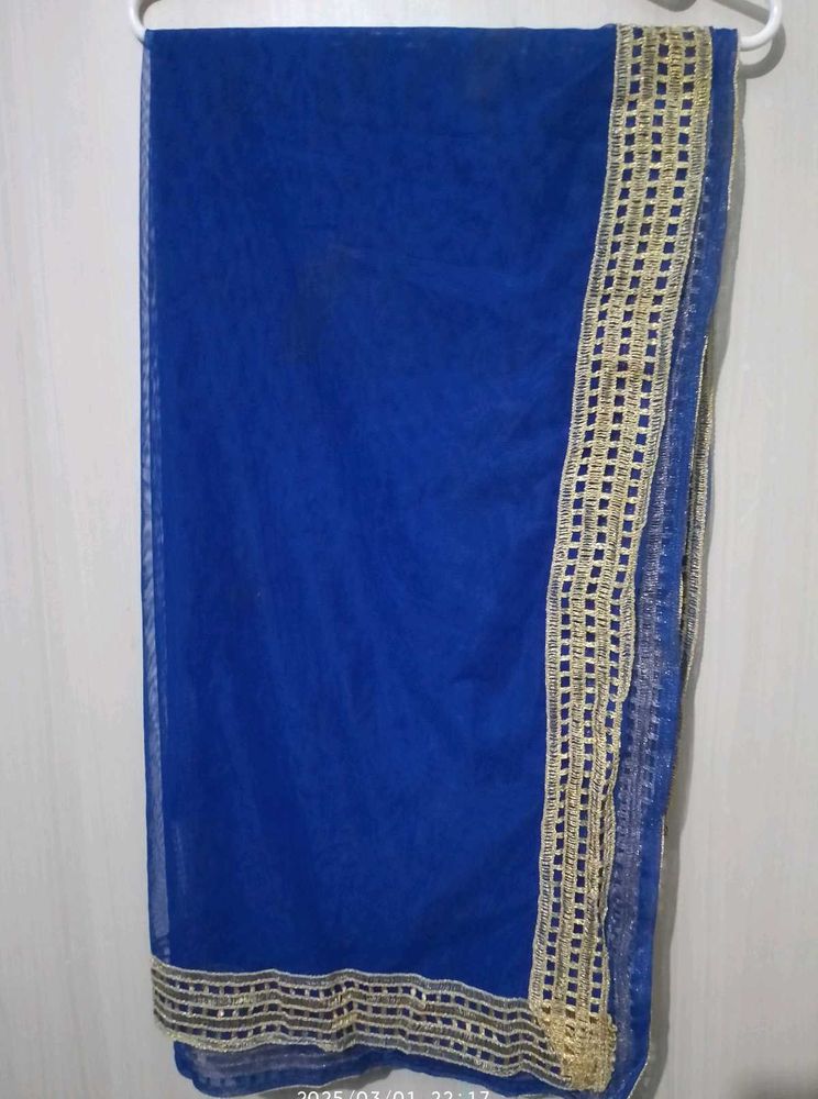 Blue Net Dupatta with Gold Trim