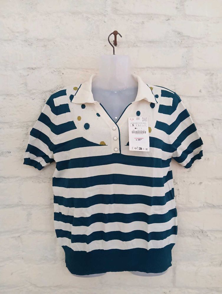 Striped Knit Polo Top