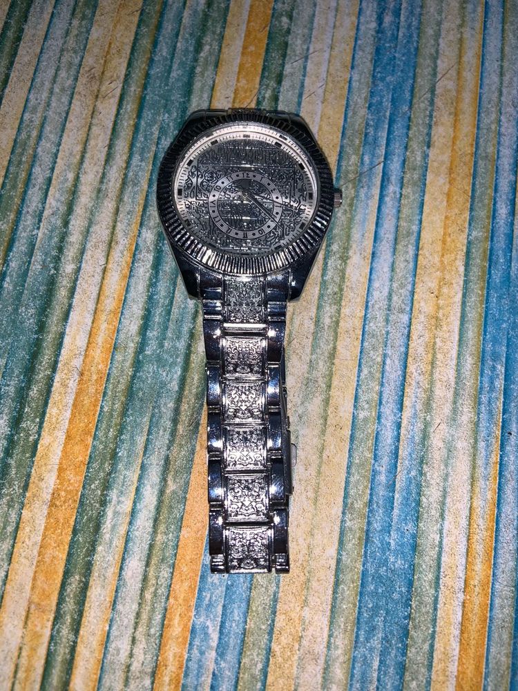 Silver Engraved Chain Watch For Men