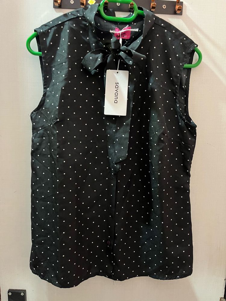 Polka Dot Tie-Neck Blouse