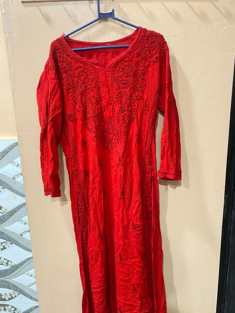 Red Embroidered Kurta